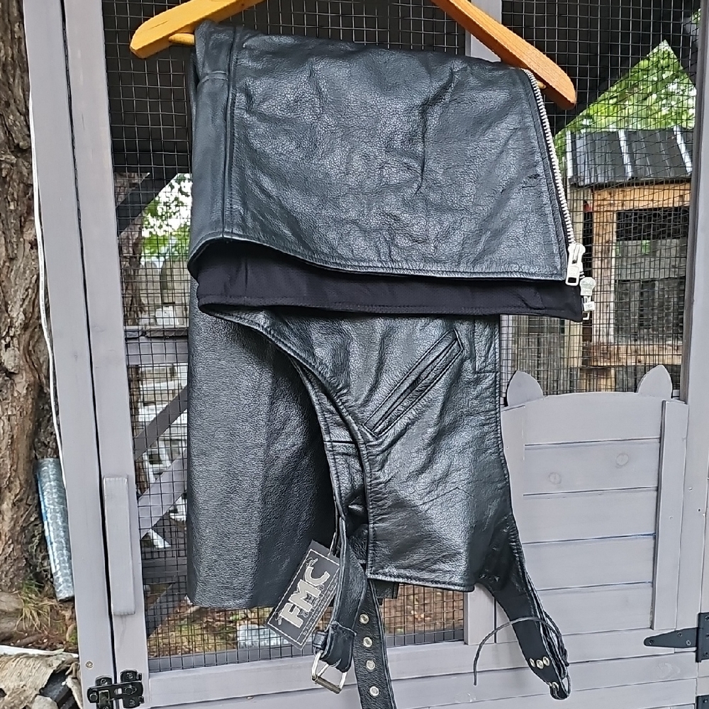 Black Leather Motorcycle Chaps with Buckle